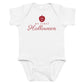 White baby bodysuit with My First Halloween printed in red on the front