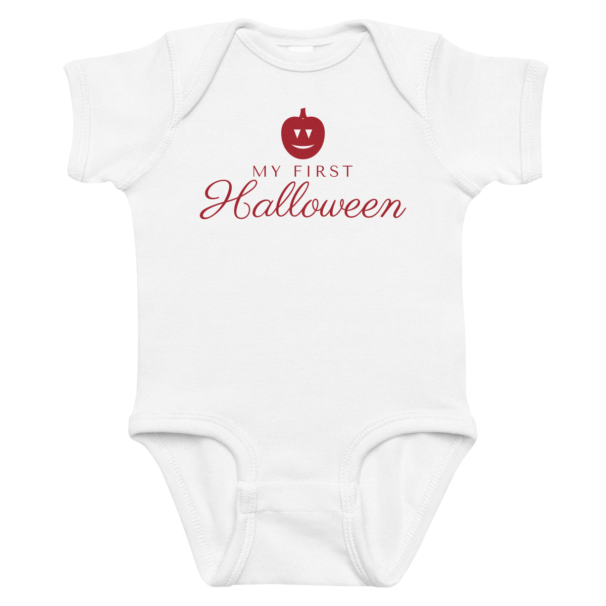 White baby bodysuit with My First Halloween printed in red on the front
