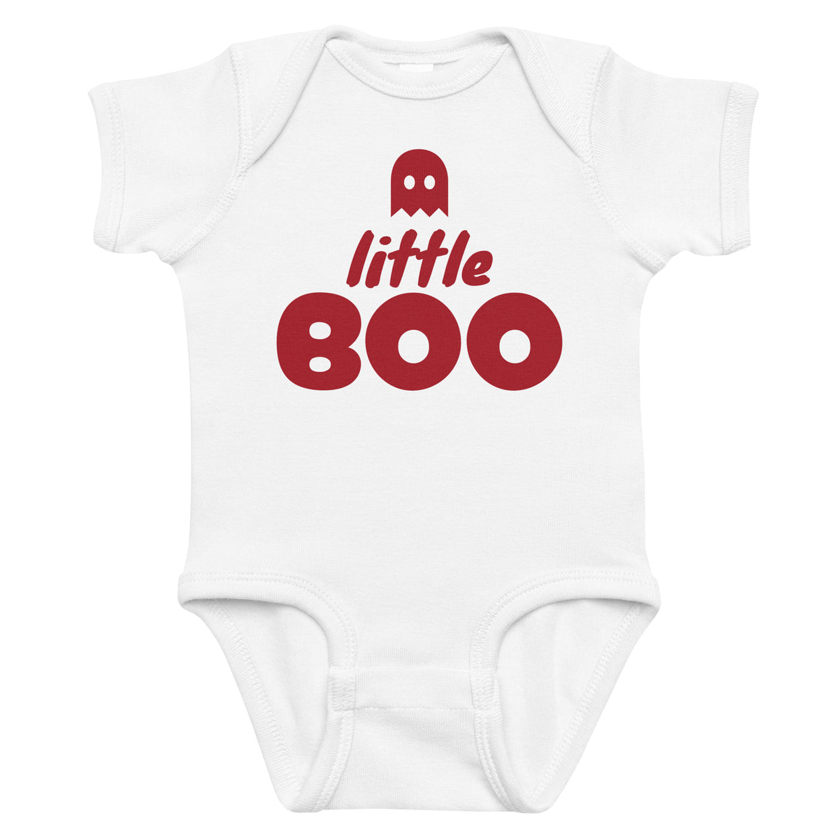 White baby bodysuit with Little Boo printed in red on the front