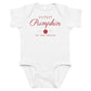 White baby bodysuit with Cutest Pumpkin In The Patch printed in red on the front