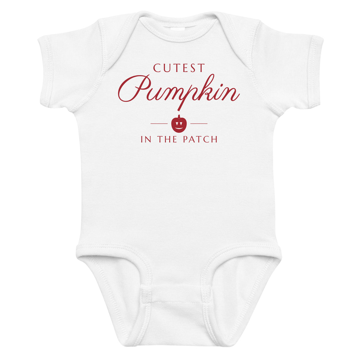 White baby bodysuit with Cutest Pumpkin In The Patch printed in red on the front