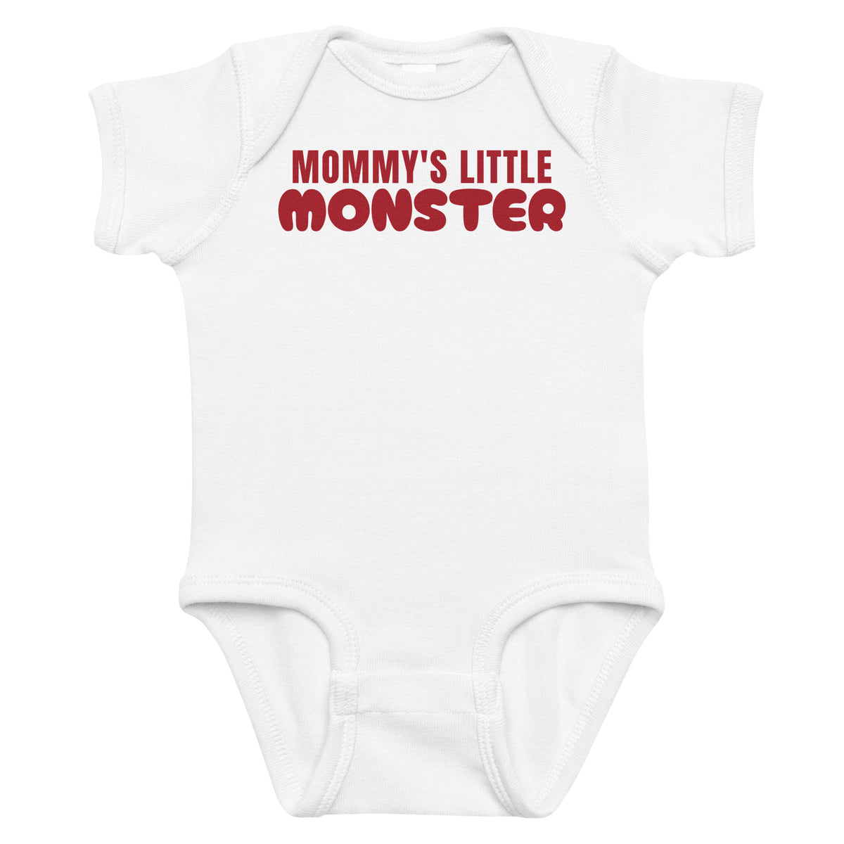 White baby bodysuit with Mommy's Little Monster printed in red on the front