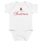 White baby bodysuit with My First Christmas printed in red on the front