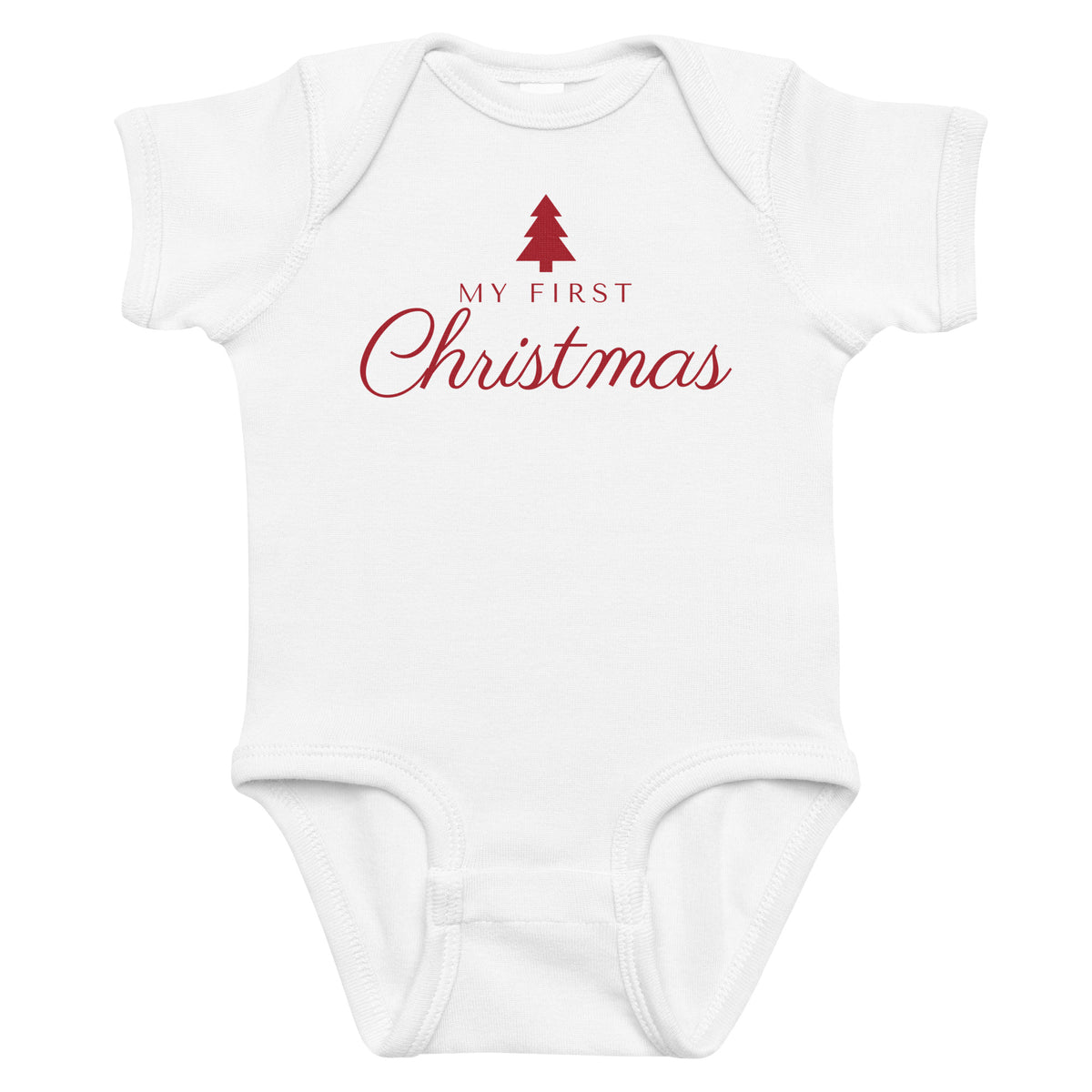 White baby bodysuit with My First Christmas printed in red on the front