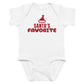 White baby bodysuit with Santa's Favorite printed in red on the front