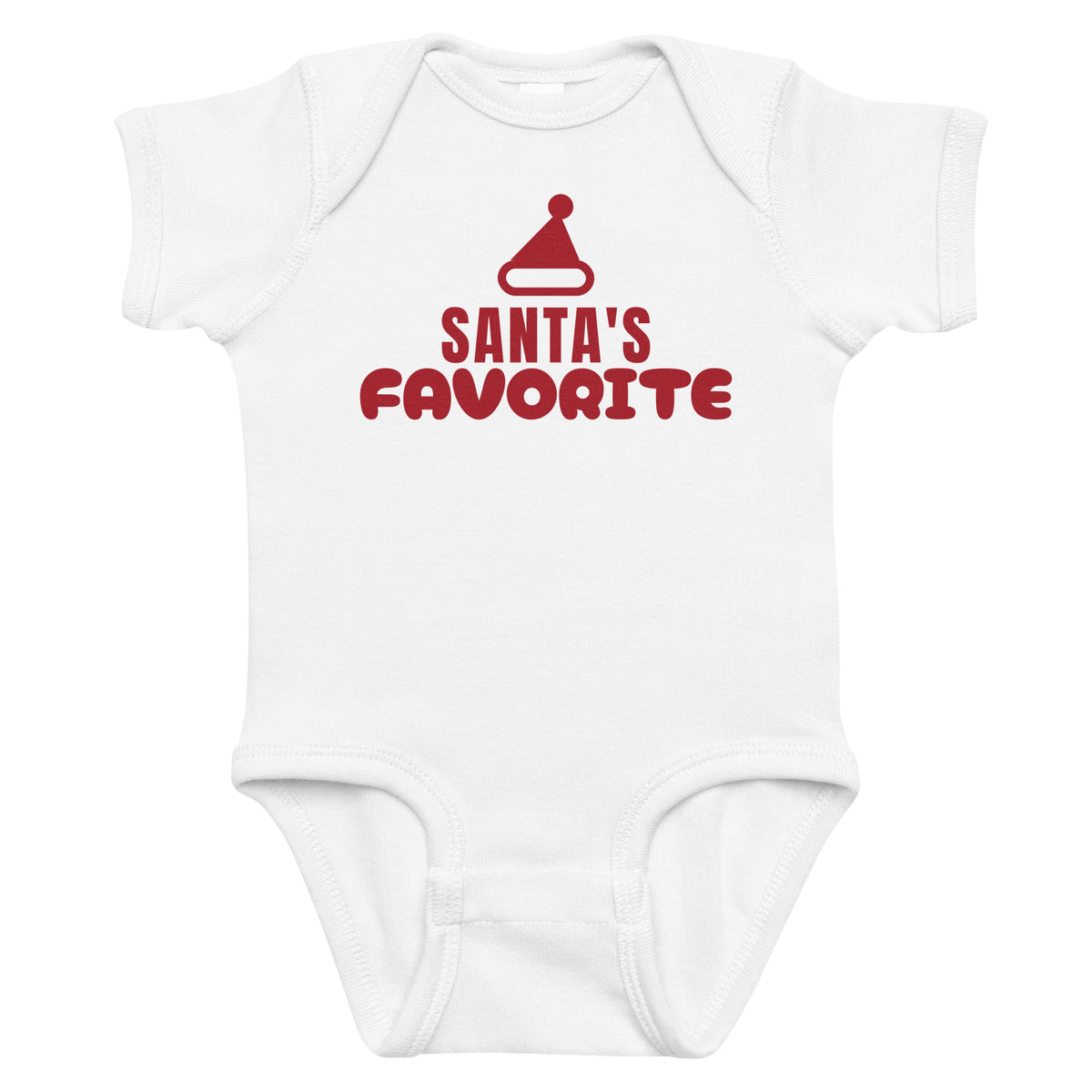 White baby bodysuit with Santa's Favorite printed in red on the front