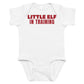 White baby bodysuit with Little Elf In Training printed in red on the front