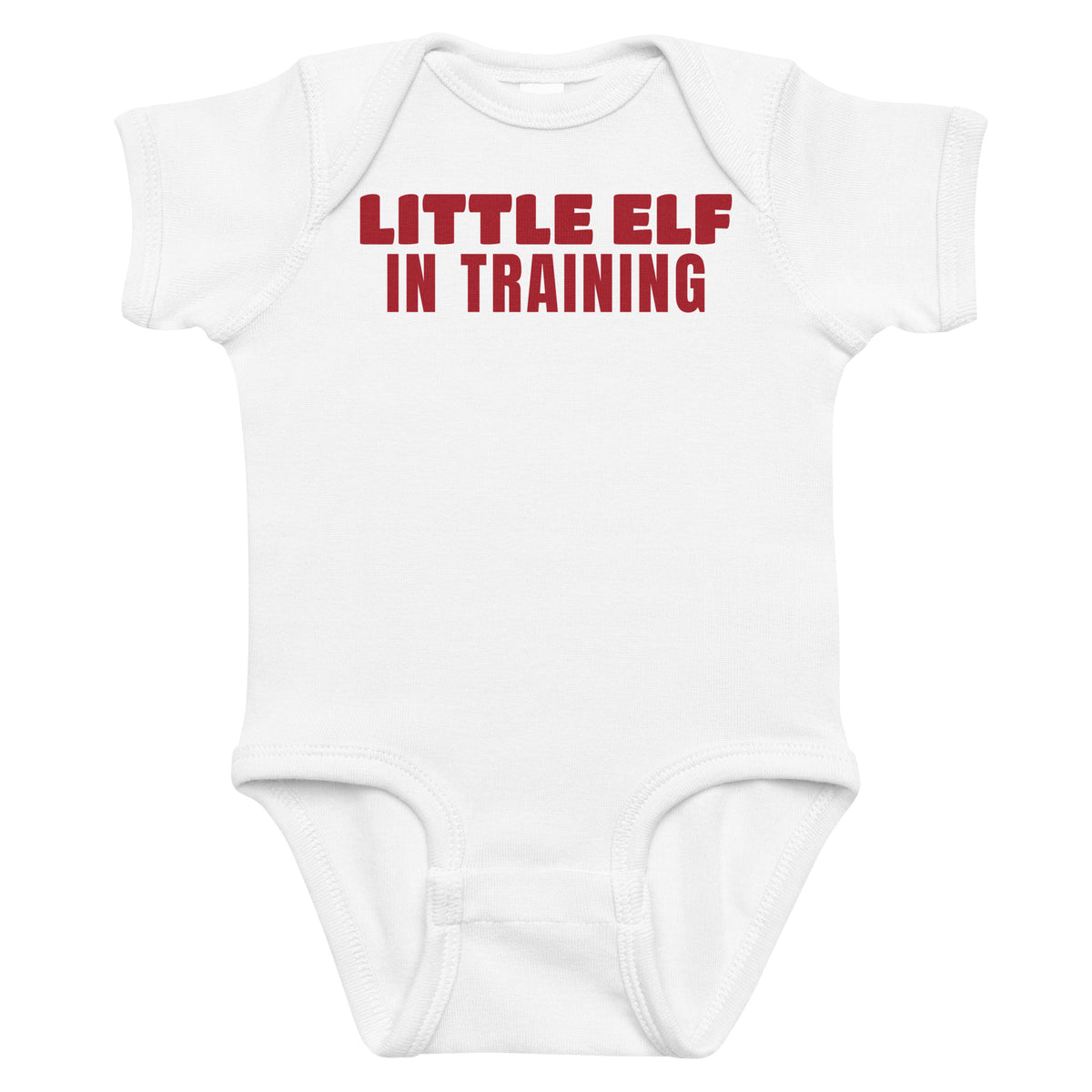 White baby bodysuit with Little Elf In Training printed in red on the front