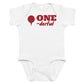 White baby bodysuit with One-derful printed in red on the front