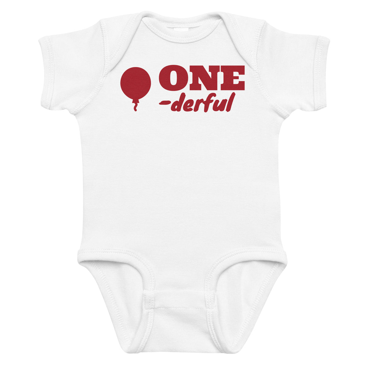White baby bodysuit with One-derful printed in red on the front