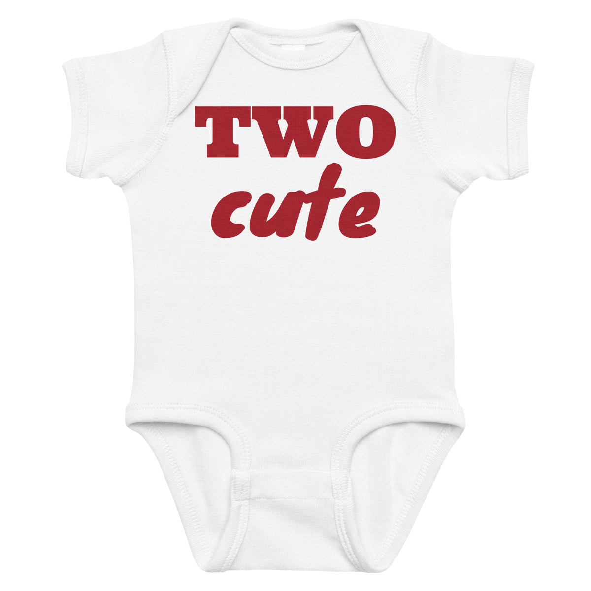 White baby bodysuit with Two Cute printed in red on the front