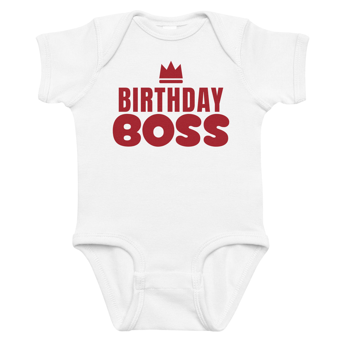 White baby bodysuit with Birthday Boss printed in red on the front