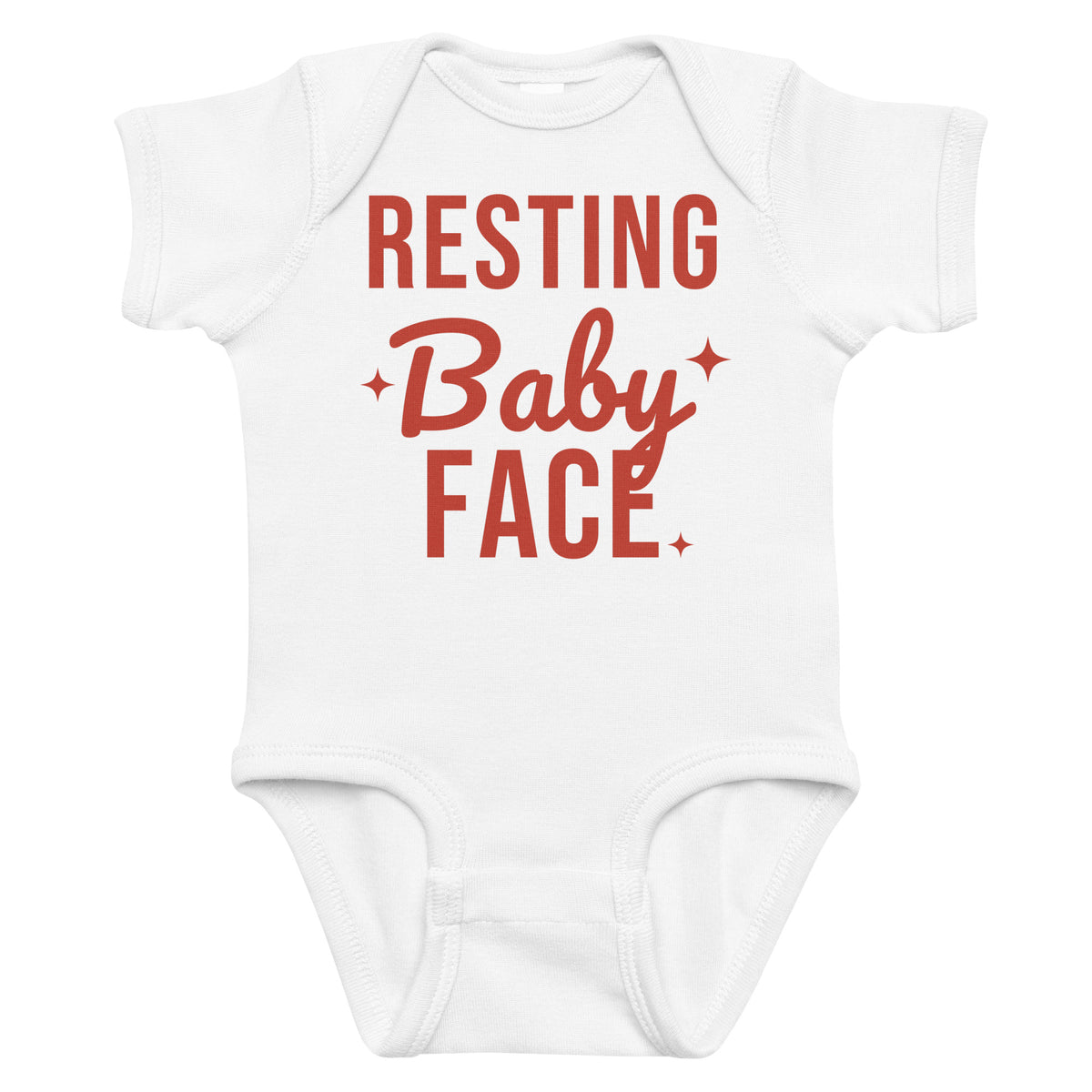 White baby bodysuit with Resting Baby Face printed in red on the front