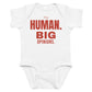 White baby bodysuit with Tiny Human. Big Opinions. printed in red on the front