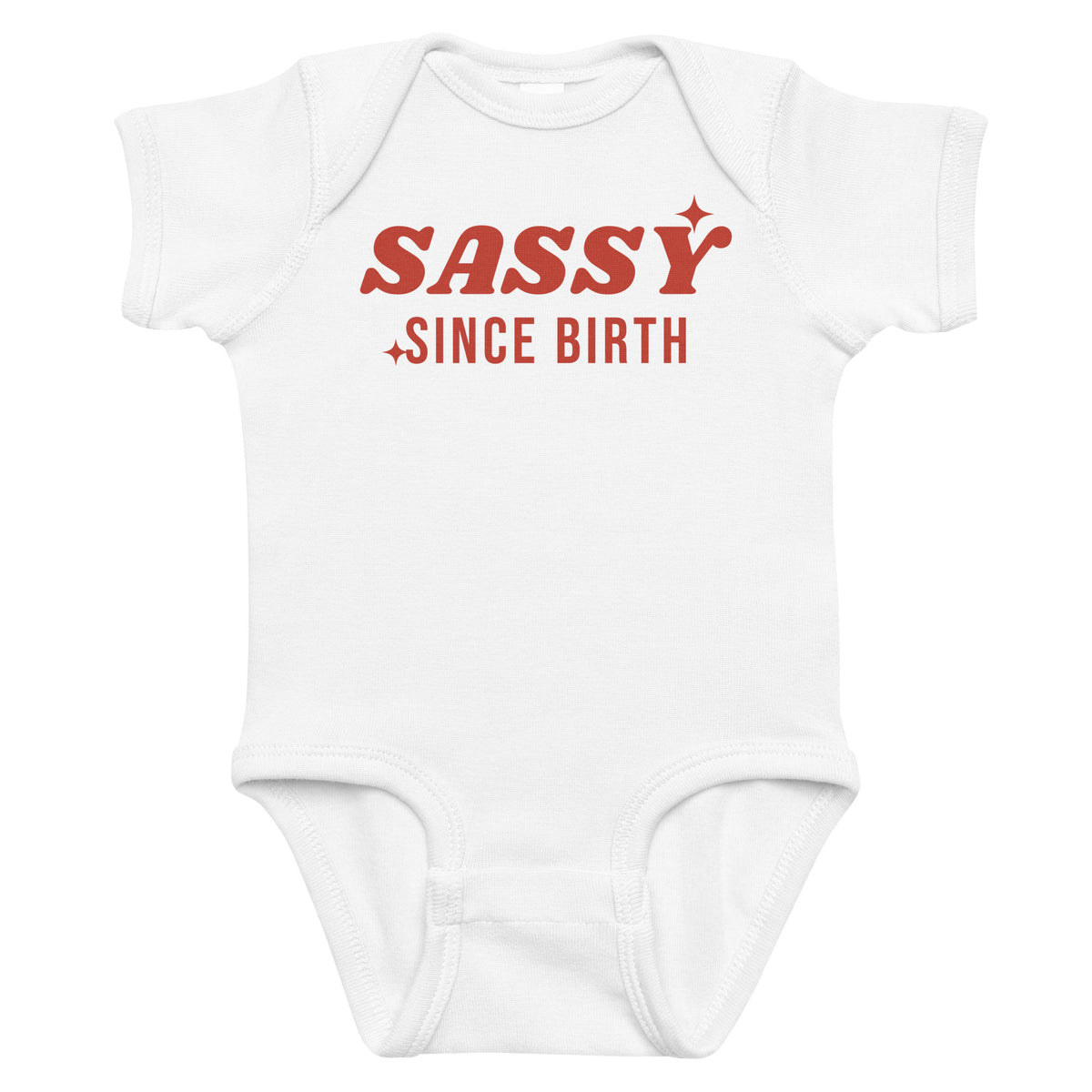 White baby bodysuit with Sassy Since Birth printed in red on the front