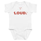 White baby bodysuit with Small But Loud printed in red on the front