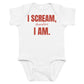 White baby bodysuit with I Scream, Therefore I Am printed in red on the front