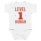 White baby bodysuit with Level 1 Human printed in red on the front