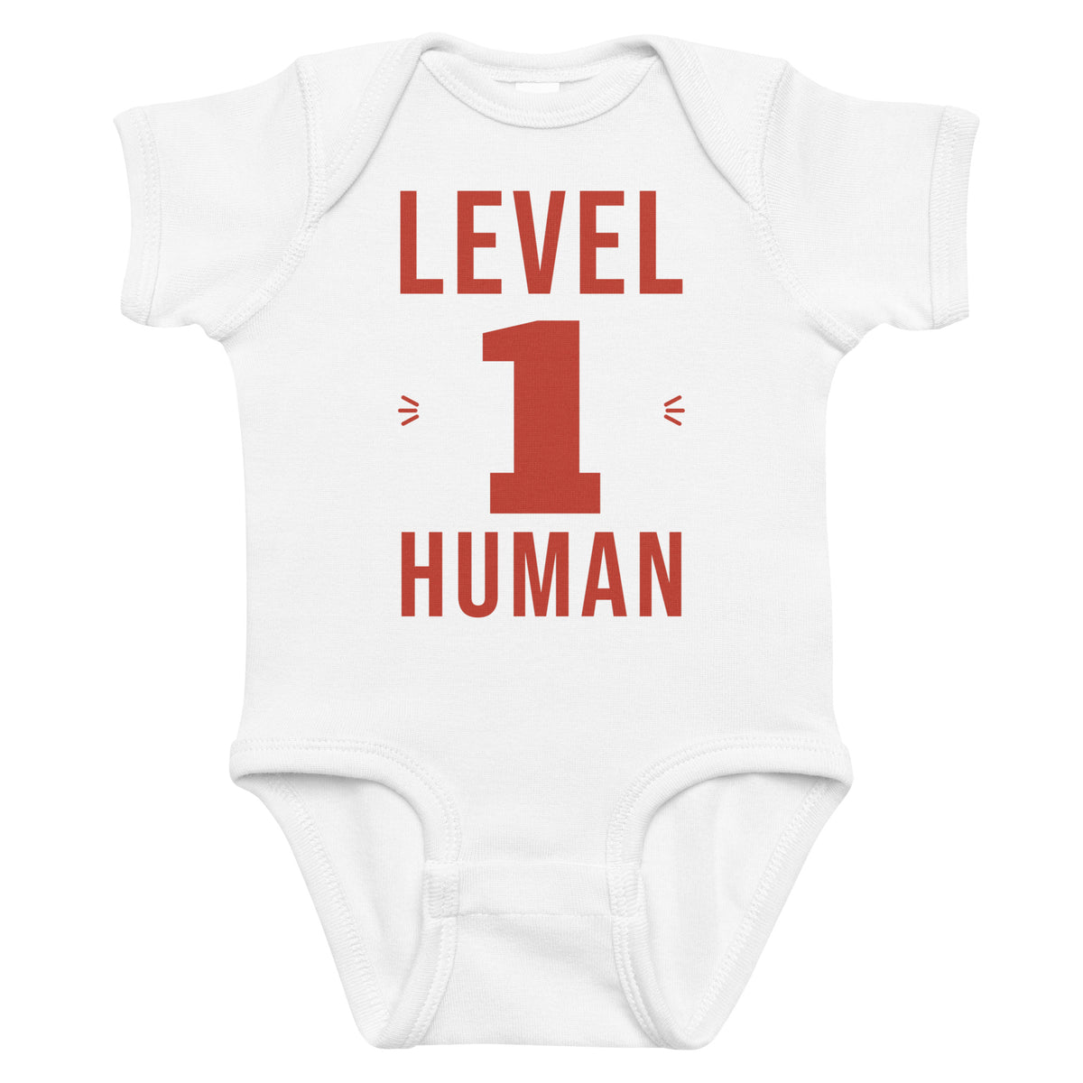 White baby bodysuit with Level 1 Human printed in red on the front