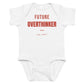 White baby bodysuit with Future Overthinker printed in red on the front
