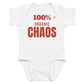 White baby bodysuit with 100% Organic Chaos printed in red on the front