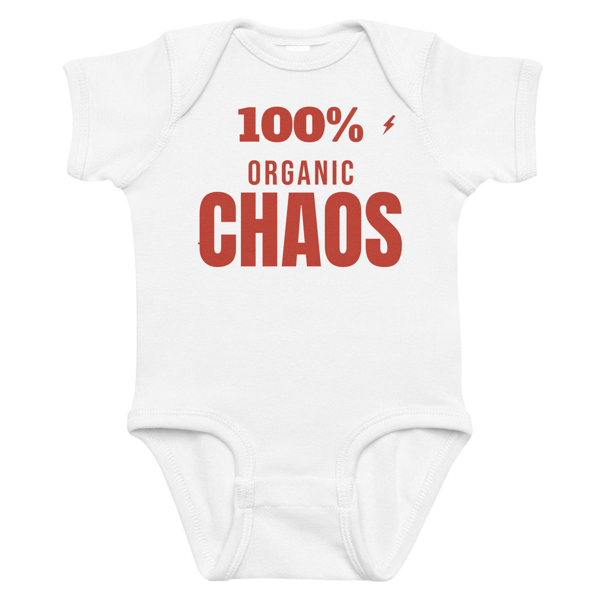 White baby bodysuit with 100% Organic Chaos printed in red on the front