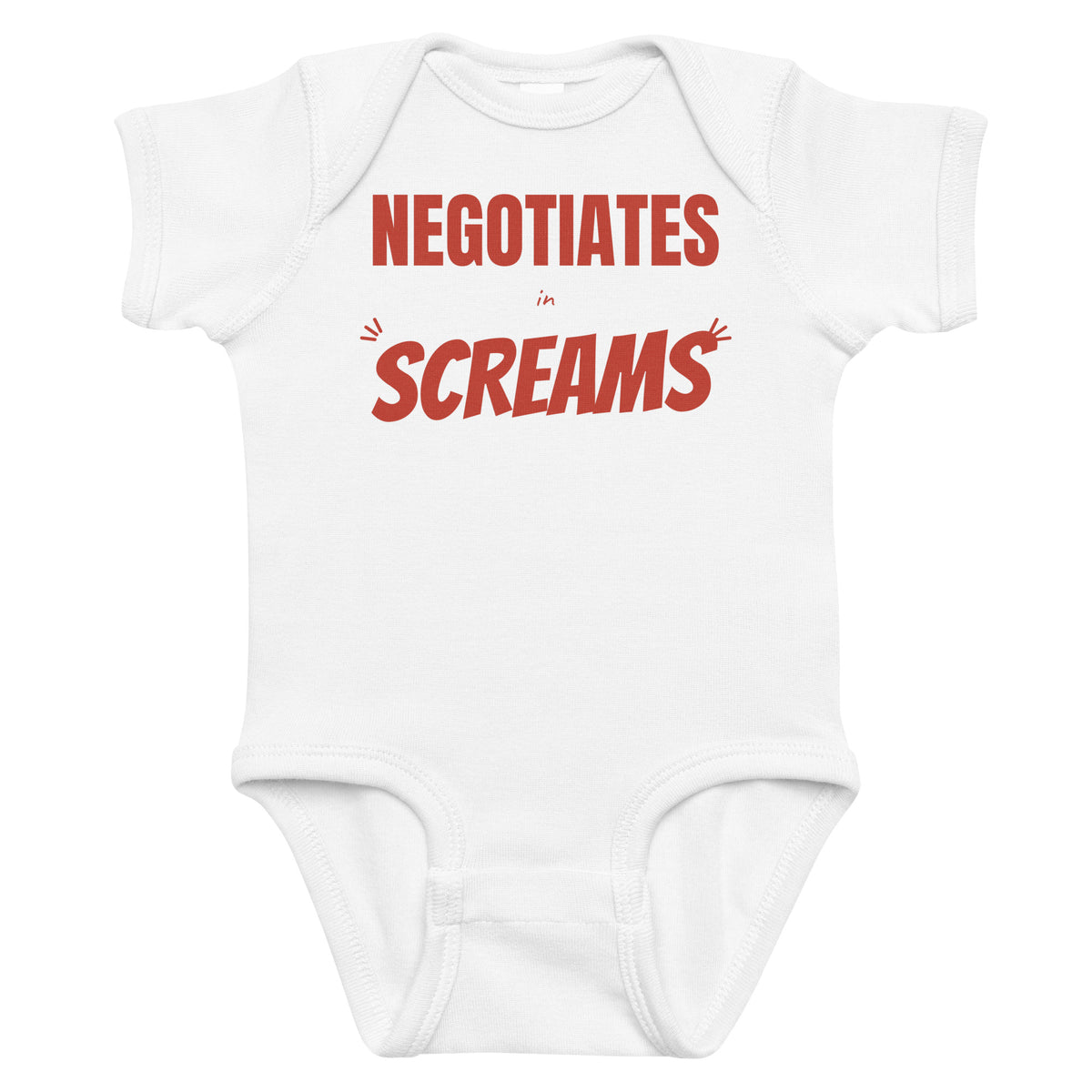 White baby bodysuit with Negotiates In Screams printed in red on the front