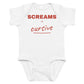 White baby bodysuit with Screams In Cursive printed in red on the front