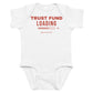 White baby bodysuit with Trust Fund Loading printed in red on the front