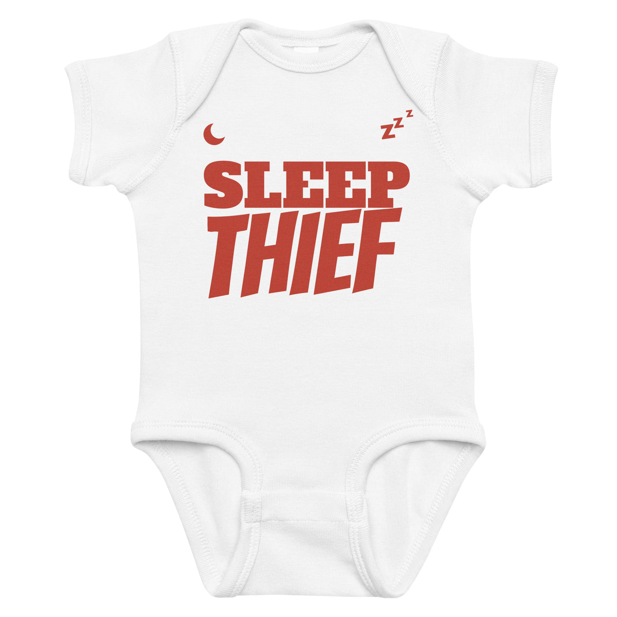 White baby bodysuit with Sleep Thief printed in red on the front