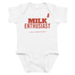 White baby bodysuit with Milk Enthusiast printed in red on the front