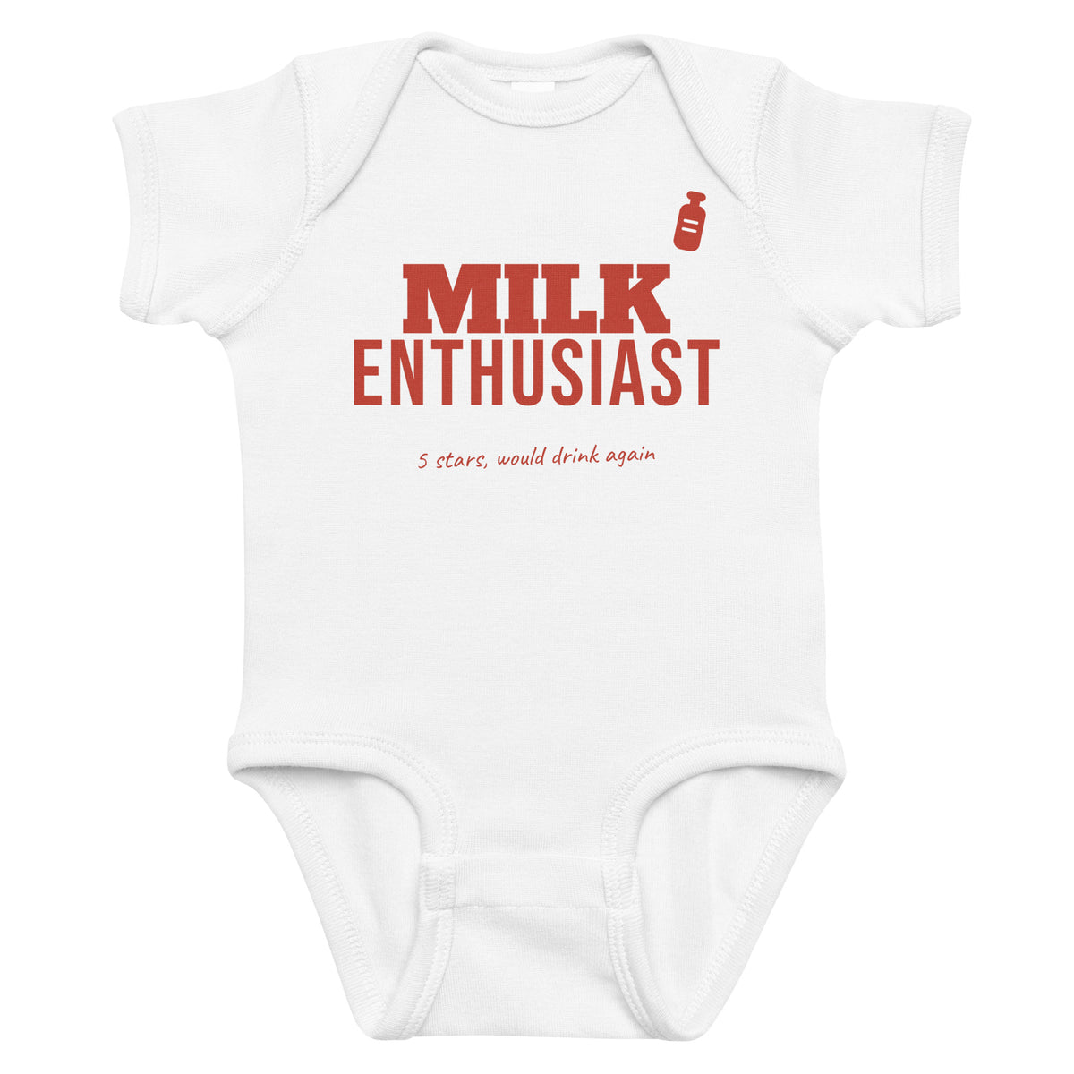 White baby bodysuit with Milk Enthusiast printed in red on the front