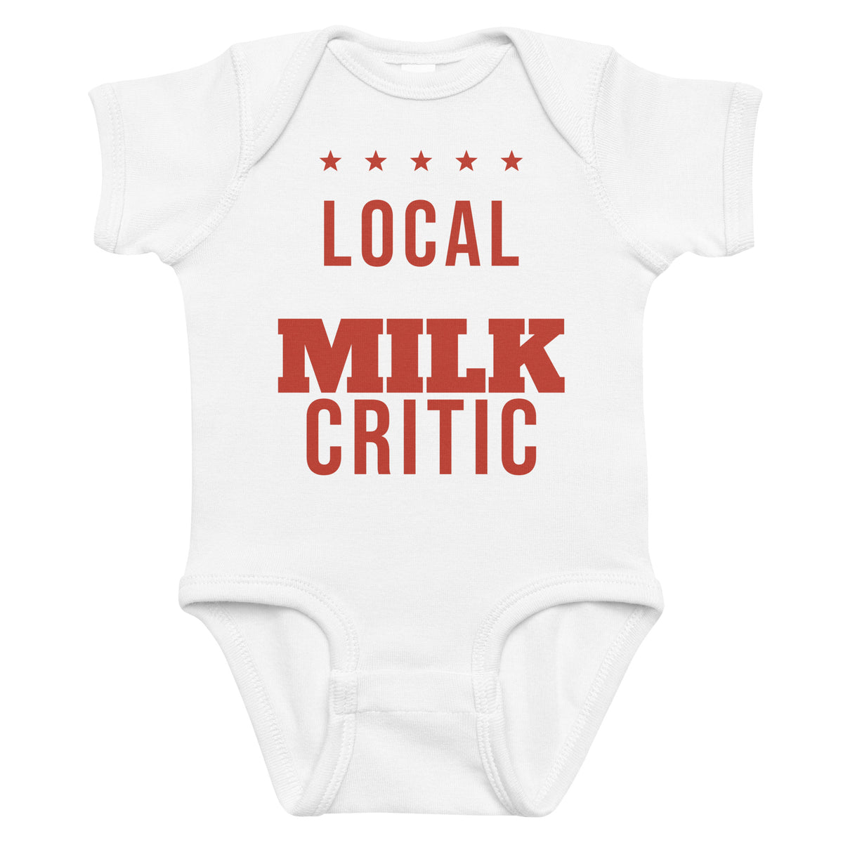 White baby bodysuit with Local Milk Critic printed in red on the front