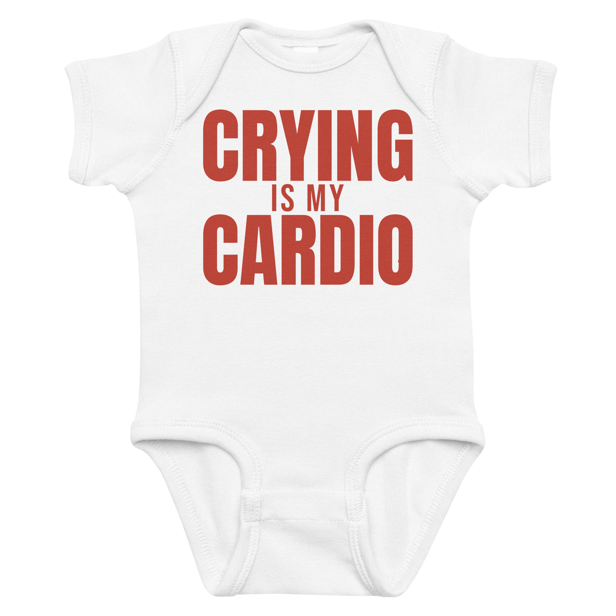 White baby bodysuit with Crying Is My Cardio printed in red on the front