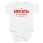 White baby bodysuit with Employee Of The Month printed in red on the front