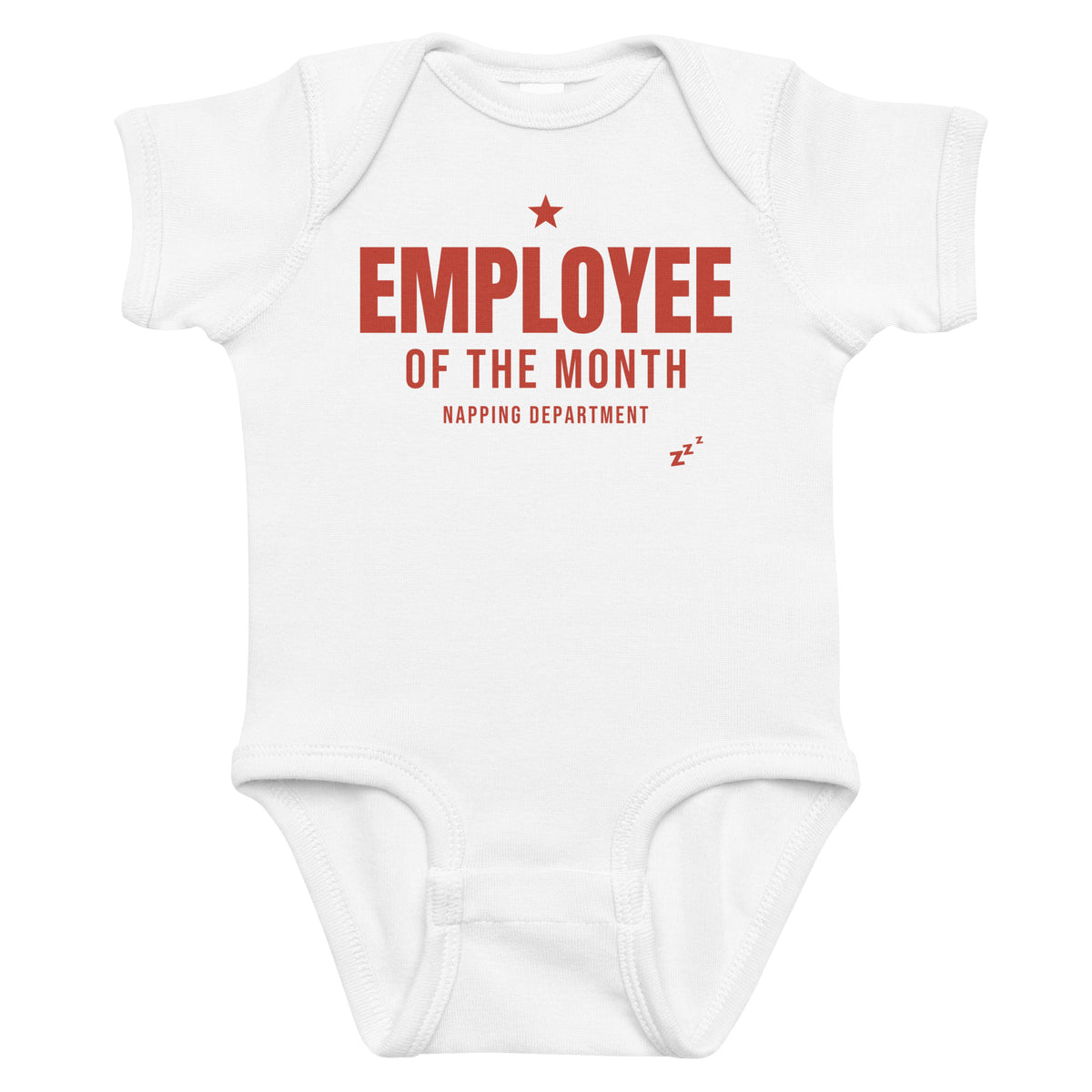 White baby bodysuit with Employee Of The Month printed in red on the front