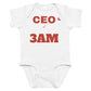 White baby bodysuit with CEO Of 3AM printed in red on the front