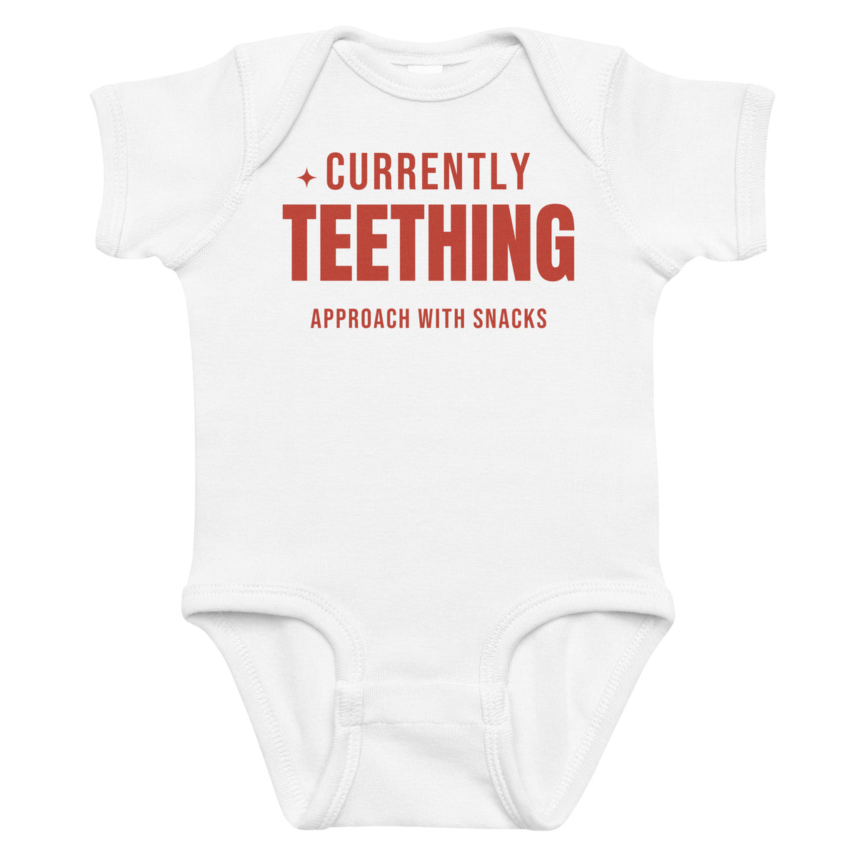 White baby bodysuit with Currently Teething printed in red on the front