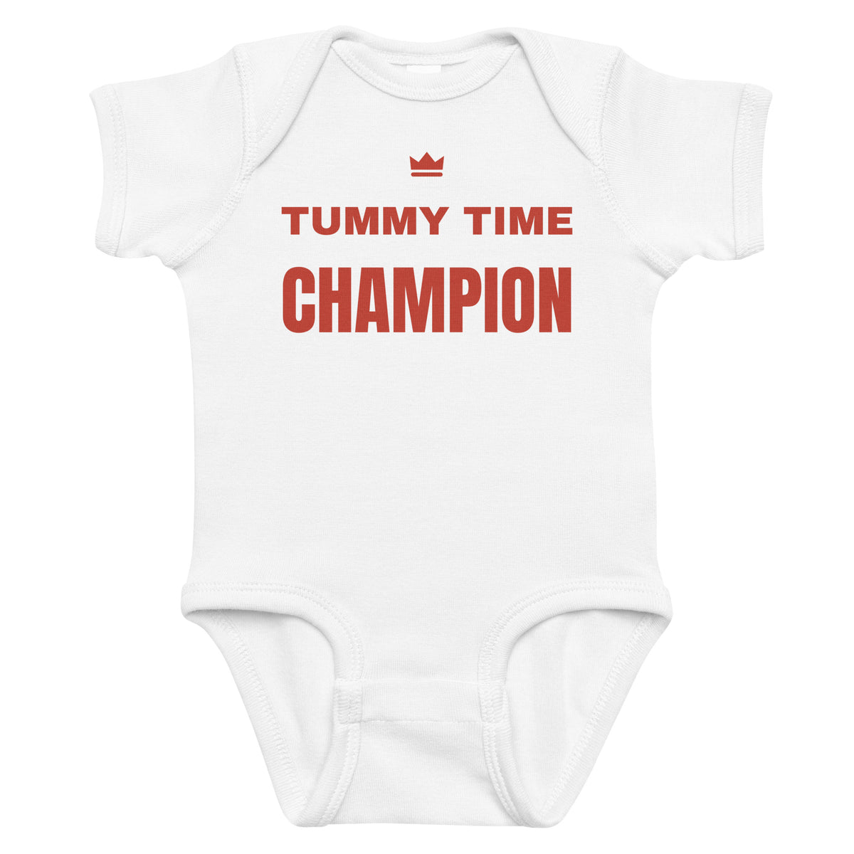 White baby bodysuit with Tummy Time Champion printed in red on the front