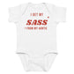 White baby bodysuit with I Get My Sass From My Auntie printed in red on the front