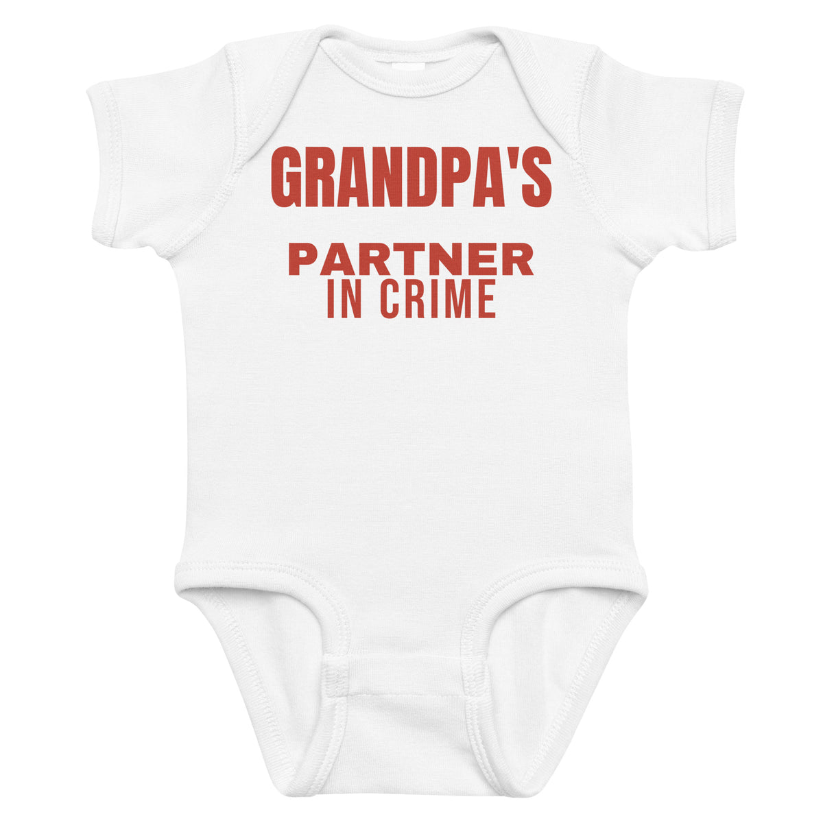 White baby bodysuit with Grandpa's Partner In Crime printed in red on the front