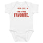 White baby bodysuit with Mom Said I'm The Favorite printed in red on the front