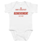 White baby bodysuit with Dad's Greatest Achievement printed in red on the front
