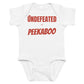 White baby bodysuit with Undefeated At Peekaboo printed in red on the front