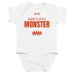 White baby bodysuit with Daddy's Little Monster printed in red on the front