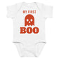 White baby bodysuit with My First Boo printed in red on the front