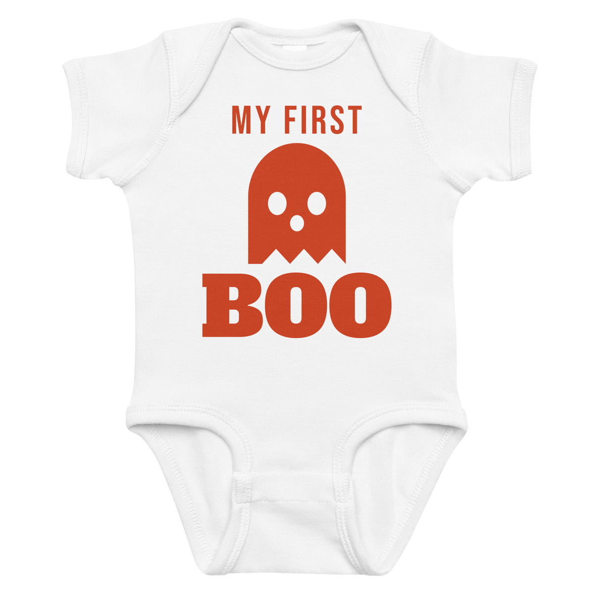 White baby bodysuit with My First Boo printed in red on the front