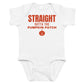 White baby bodysuit with Straight Outta The Pumpkin Patch printed in red on the front