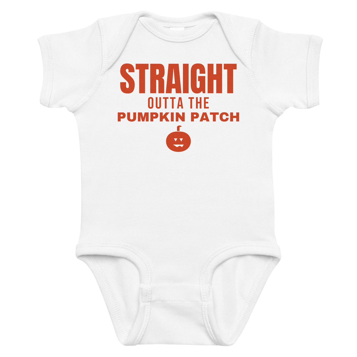 White baby bodysuit with Straight Outta The Pumpkin Patch printed in red on the front
