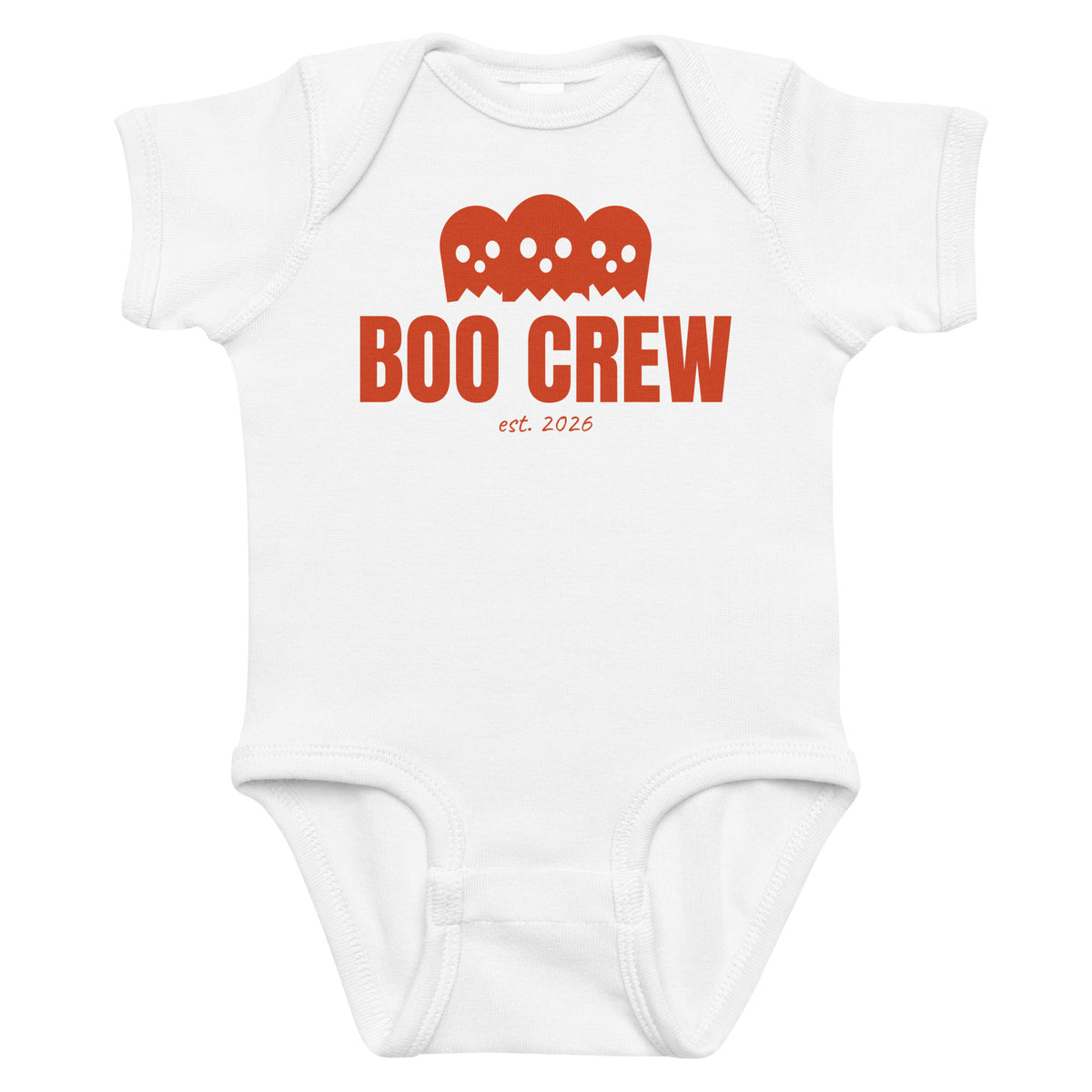 White baby bodysuit with Boo Crew printed in red on the front
